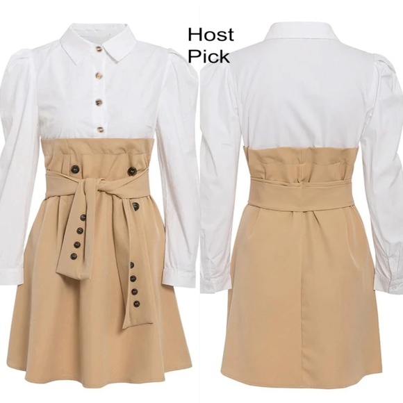Faux Overlay Trench Skirt With Dress Shirt Dress White Khaki - Picture 5 of 15
